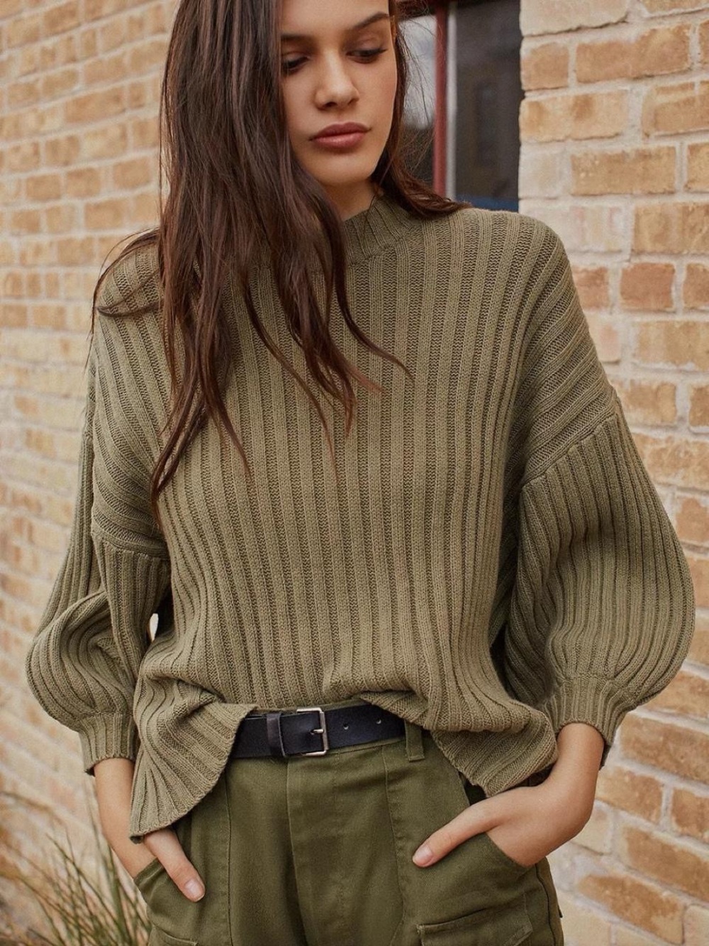 Urban Outfitters Olive Ribbed Balloon-Sleeve Sweater